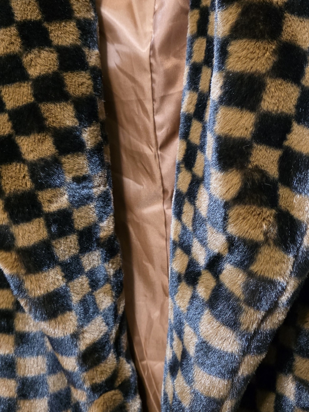 PrettyLittleThing Brown and Black Checkerboard Teddy Coat - Picture 3 of 3